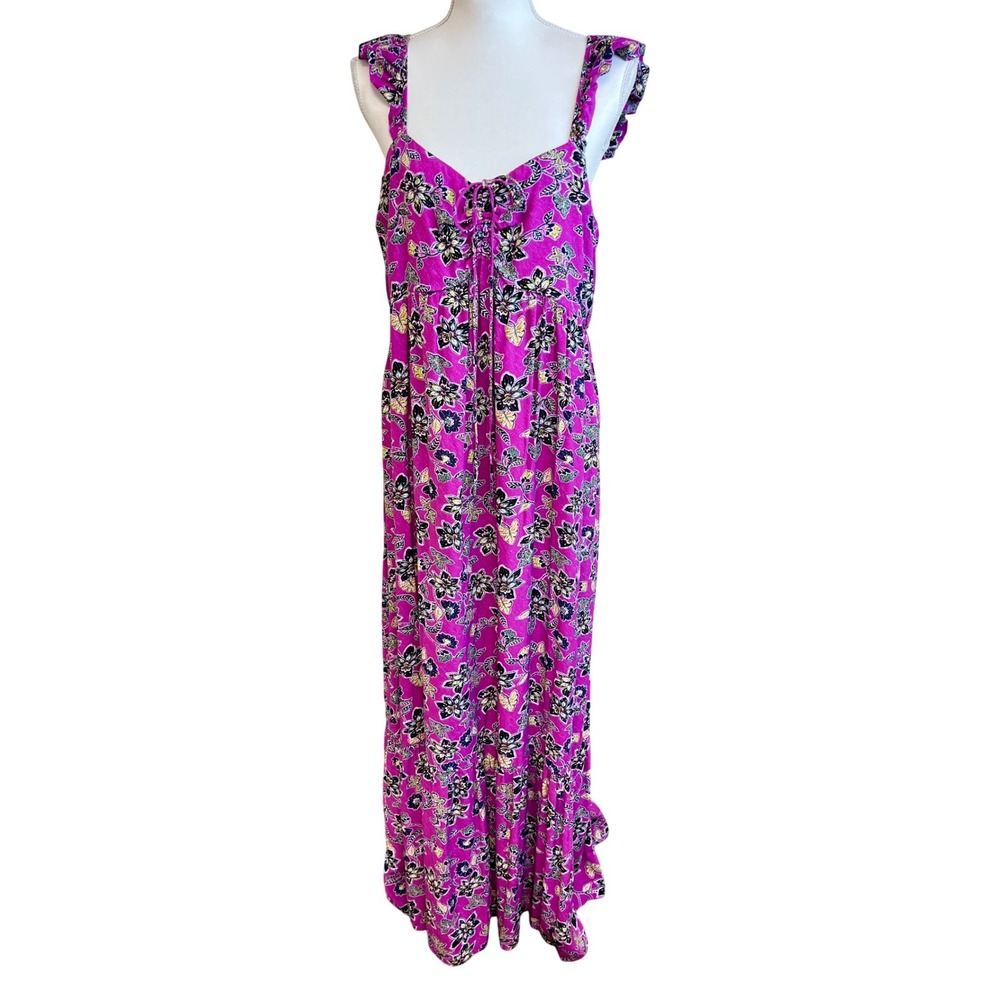 LOFT Maxi Dress Sz 14 Milkmaid Floral Ruffle Sleeve Smocked Babydoll Romantic